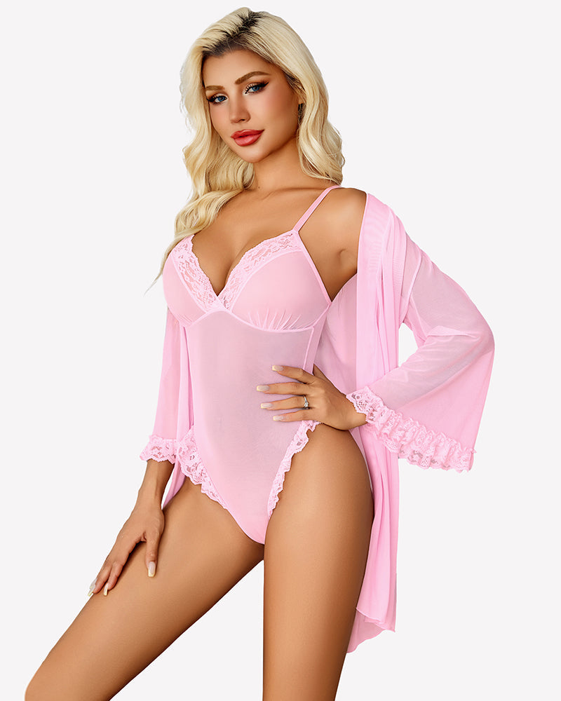 Lace Bodysuit Robe Set 2 Piece Mesh Boudoir Outfits