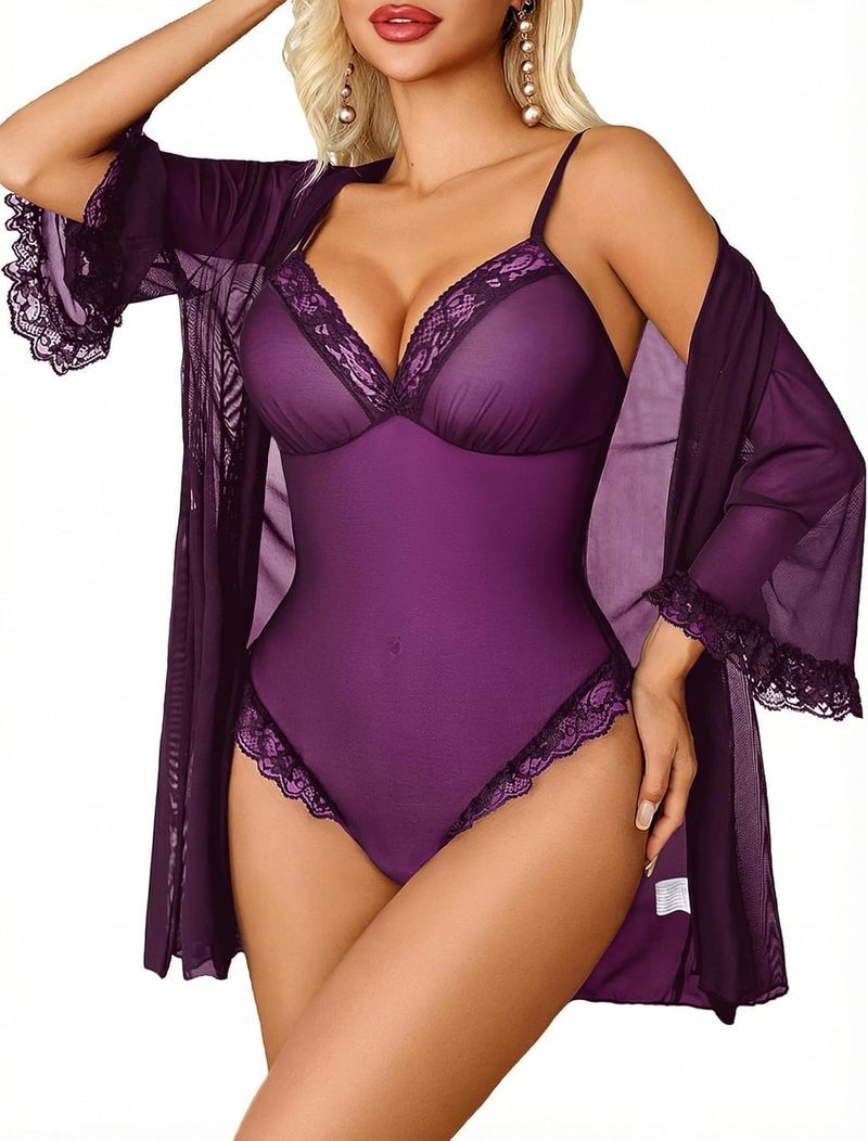 Lace Bodysuit Robe Set 2 Piece Mesh Boudoir Outfits