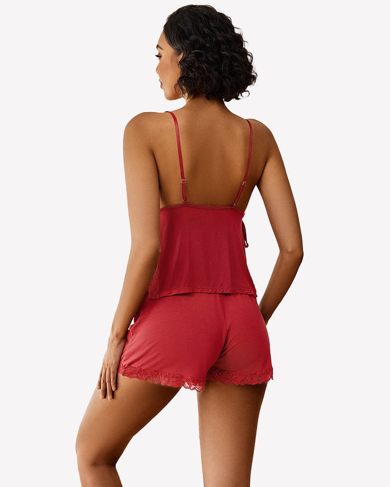 Lace Trim Cami Shorts Side Slit PJ Set