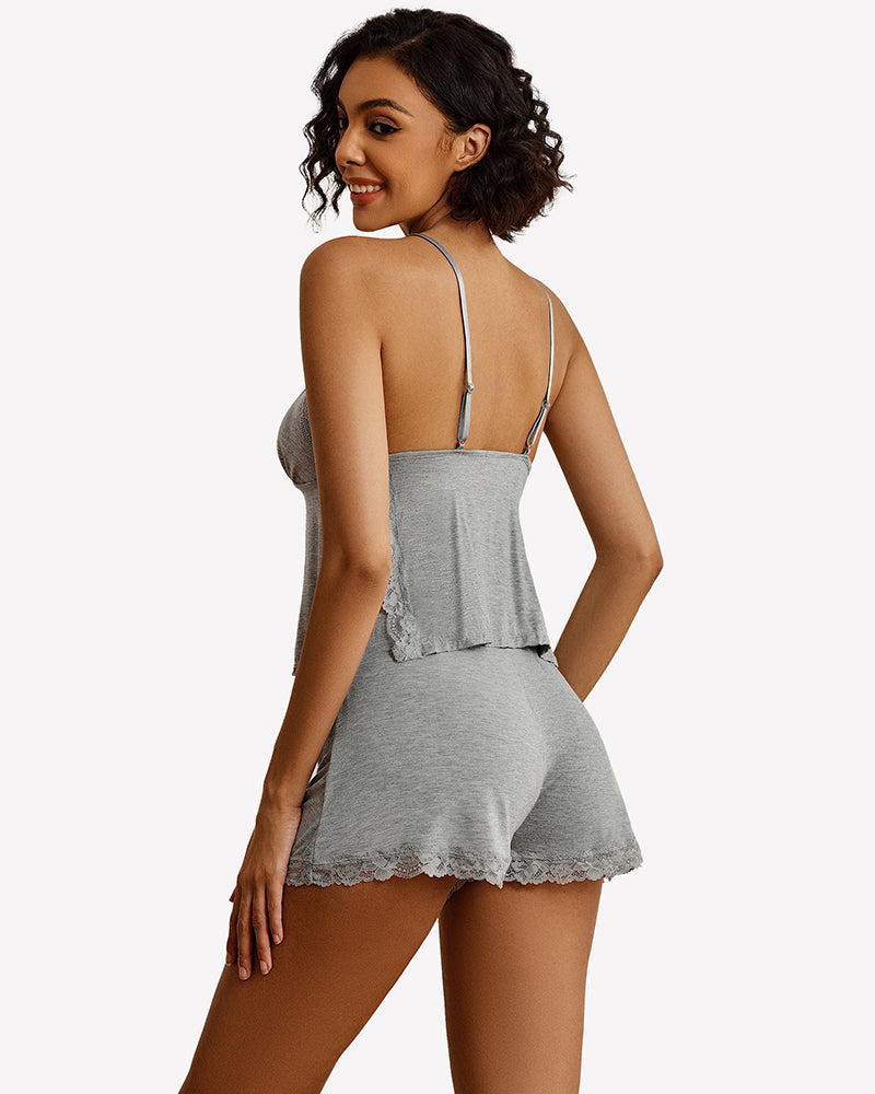 Lace Trim Cami Shorts Side Slit PJ Set