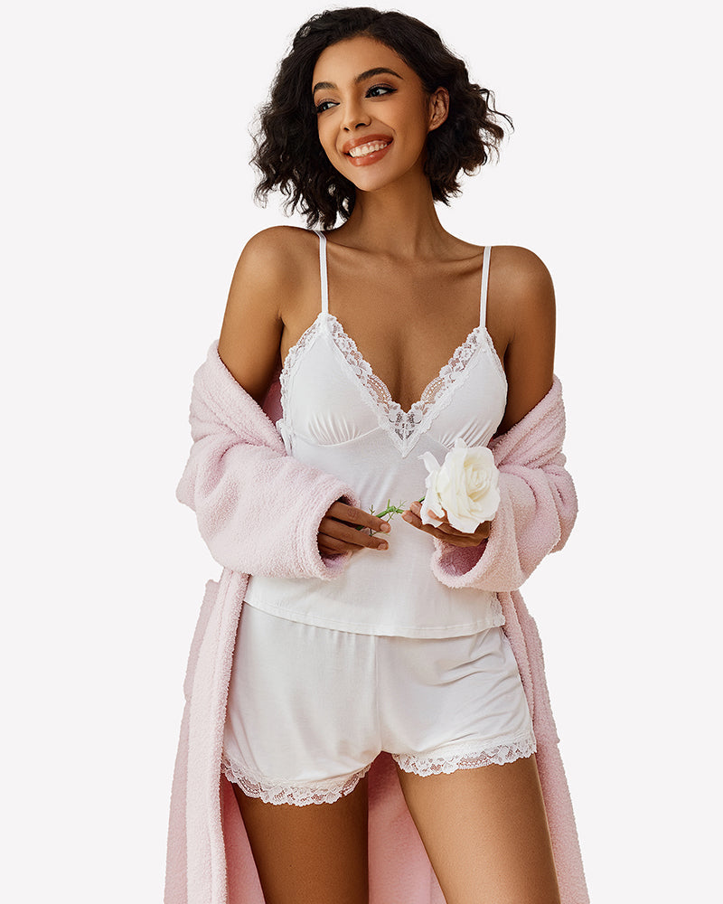 Lace Trim Cami Shorts Side Slit PJ Set