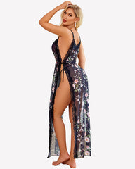 Lace Mesh Long Dress Side Split Nightdress