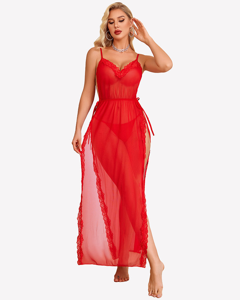 Lace Mesh Long Dress Side Split Nightdress