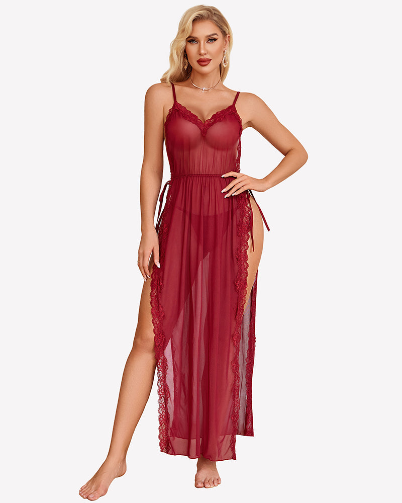 Lace Mesh Long Dress Side Split Nightdress