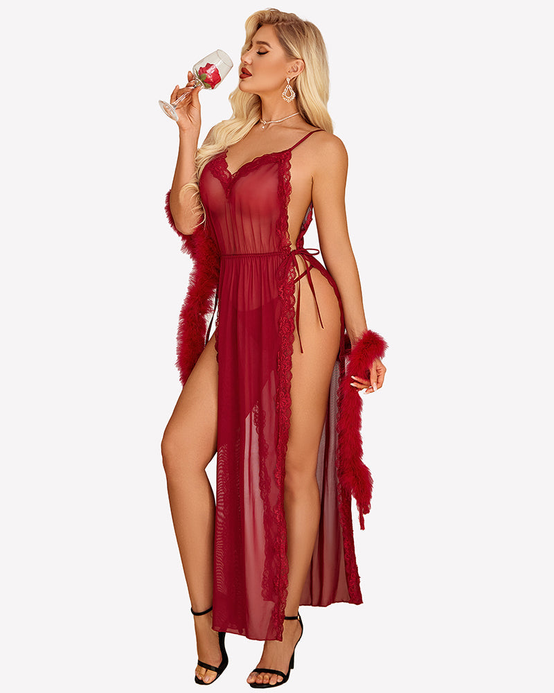 Lace Mesh Long Dress Side Split Nightdress