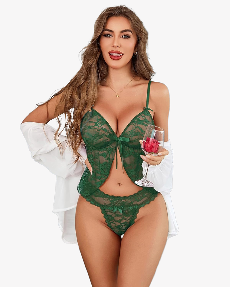 Pajama Set Lace Open Front Cami and Panty
