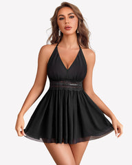 V Neck Halter Backless Mesh Babydoll