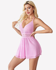 V Neck Halter Backless Mesh Babydoll