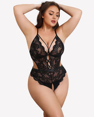 Plus Size Deep V Lace Teddy Cut Out Bodysuit