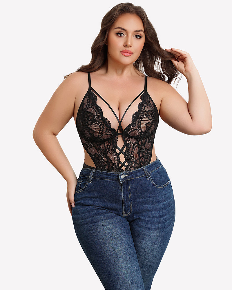 Plus Size Deep V Lace Teddy Cut Out Bodysuit