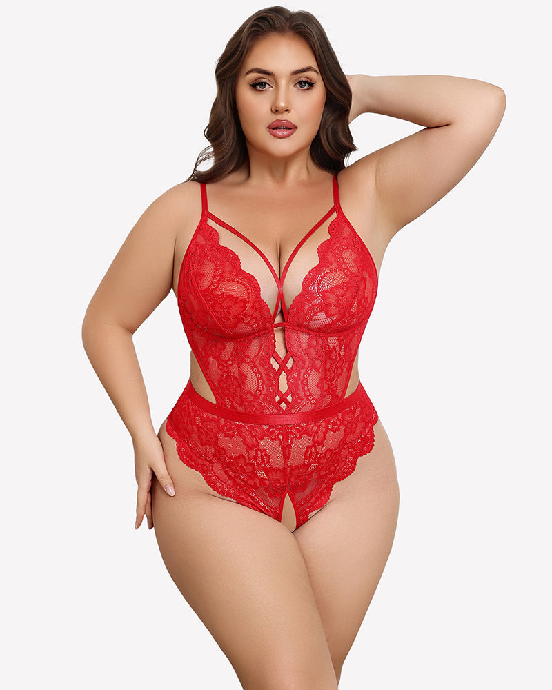 Plus Size Deep V Lace Teddy Cut Out Bodysuit