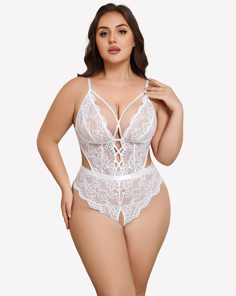 Plus Size Deep V Lace Teddy Cut Out Bodysuit
