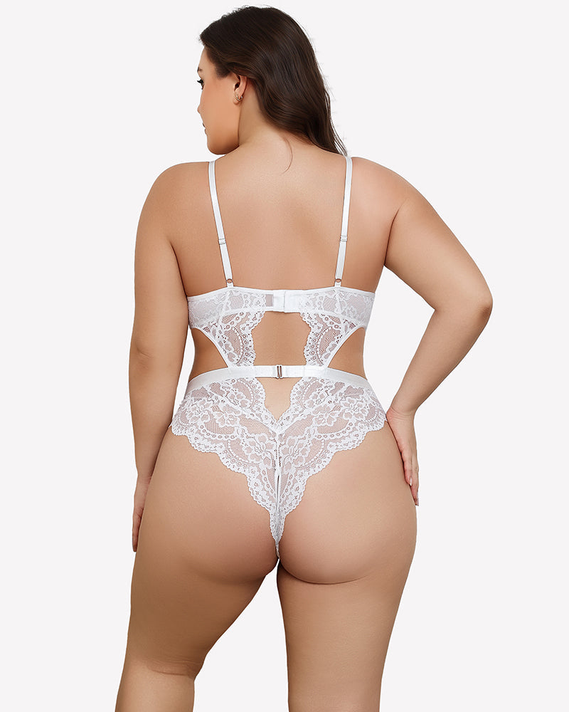 Plus Size Deep V Lace Teddy Cut Out Bodysuit