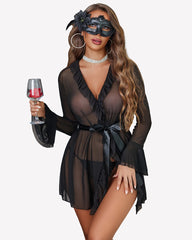 Mesh Robe Sets Kimono Ruffle Nighty With Thong