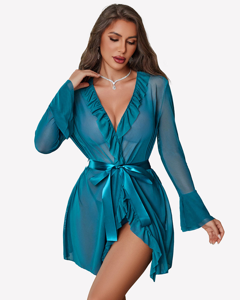 Mesh Robe Sets Kimono Ruffle Nighty With Thong
