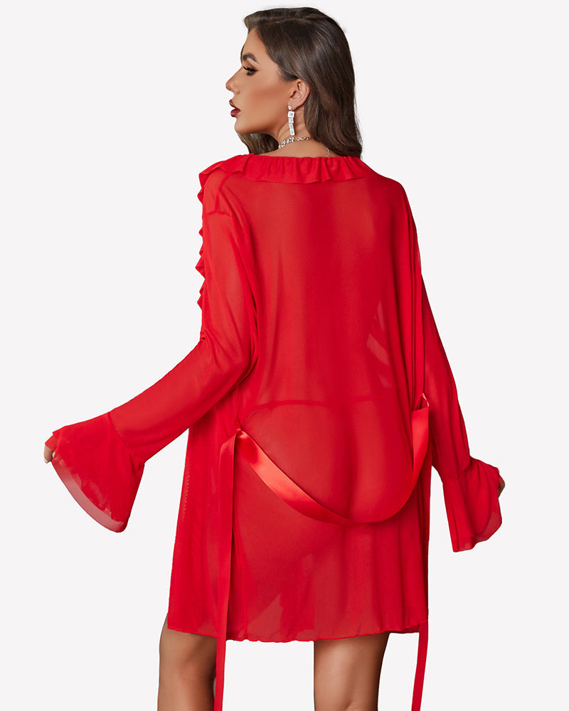 Mesh Robe Sets Kimono Ruffle Nighty With Thong