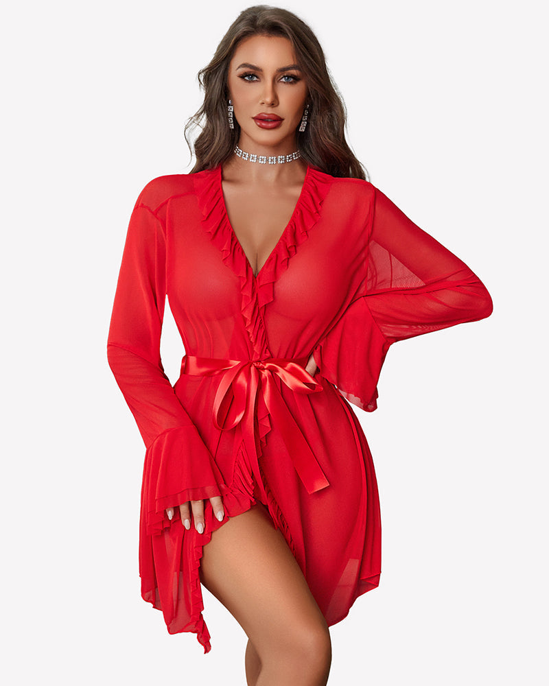 Mesh Robe Sets Kimono Ruffle Nighty With Thong