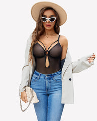 Mesh Sheer Snap Crotch Strappy Bodysuit