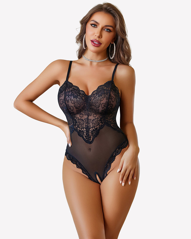 Women's V-Neck Lace Crotchless Bodysuit Lingerie