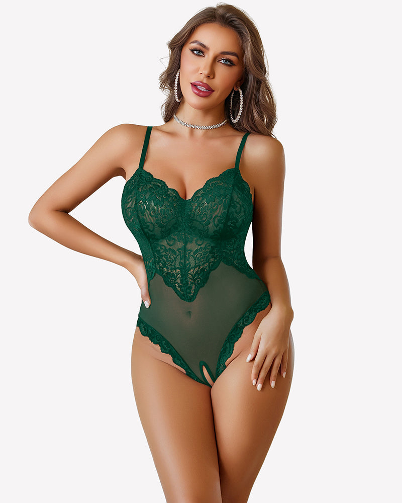 Women's V-Neck Lace Crotchless Bodysuit Lingerie