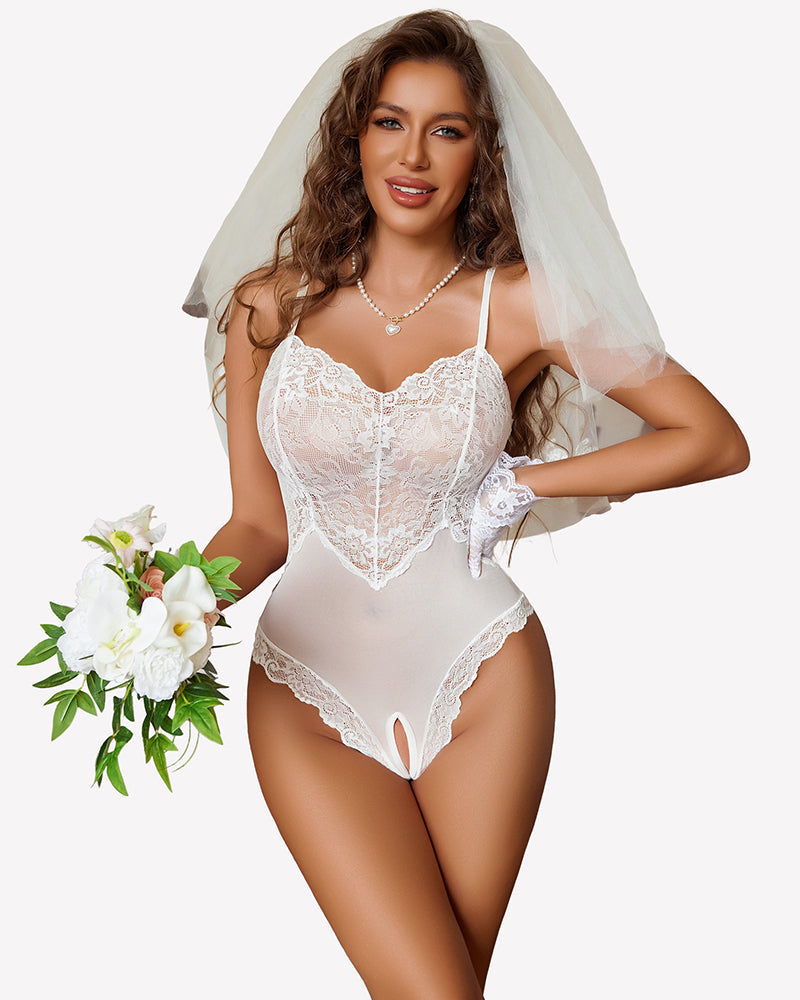 Women's V-Neck Lace Crotchless Bodysuit Lingerie