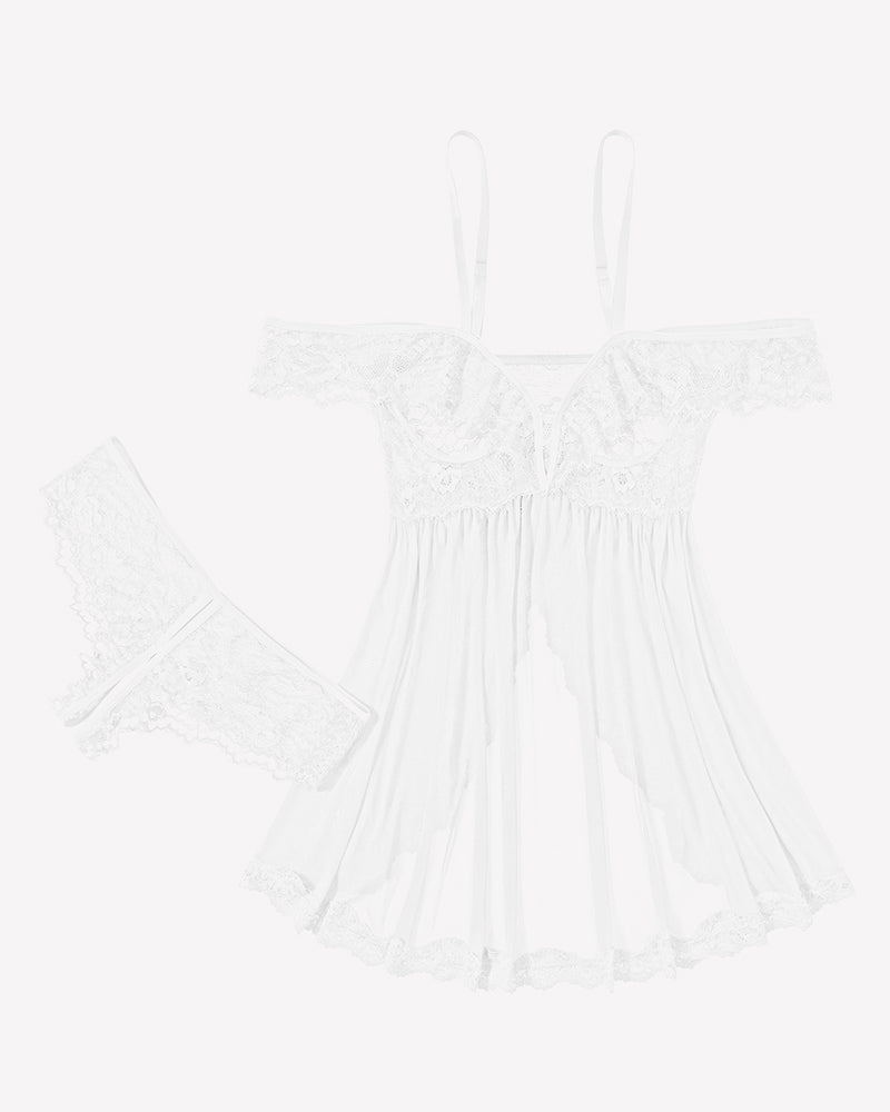 Mesh Lace Wireless Babydoll Dress with Thong