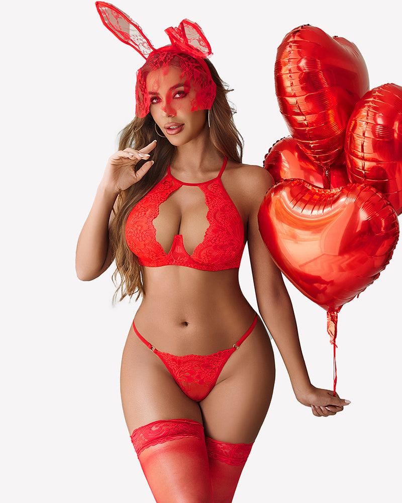 Heart Hollow Lace Underwire Bra and Panty Sets
