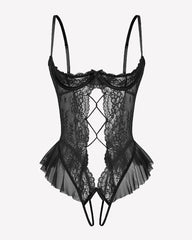 Lace Teddy Lingerie Cutout Ruffle Trim Bodysuit