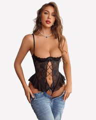 Lace Teddy Lingerie Cutout Ruffle Trim Bodysuit