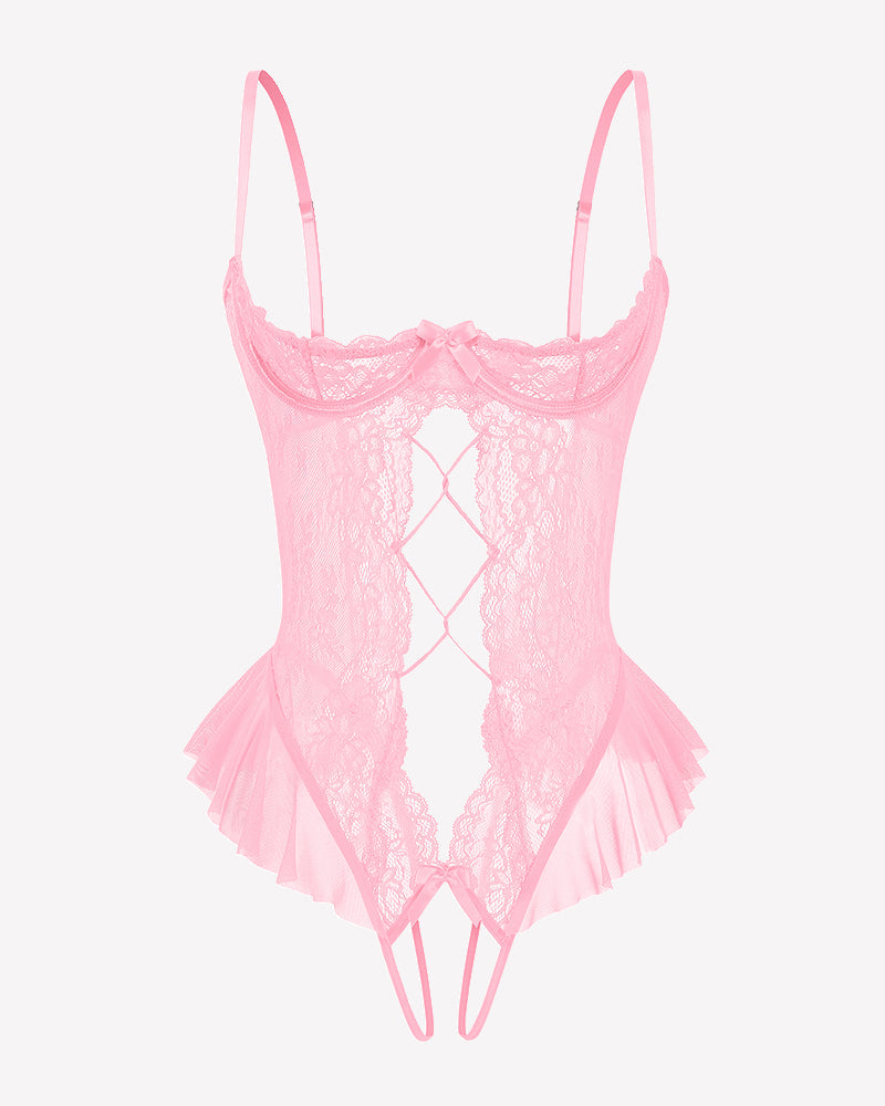 Lace Teddy Lingerie Cutout Ruffle Trim Bodysuit