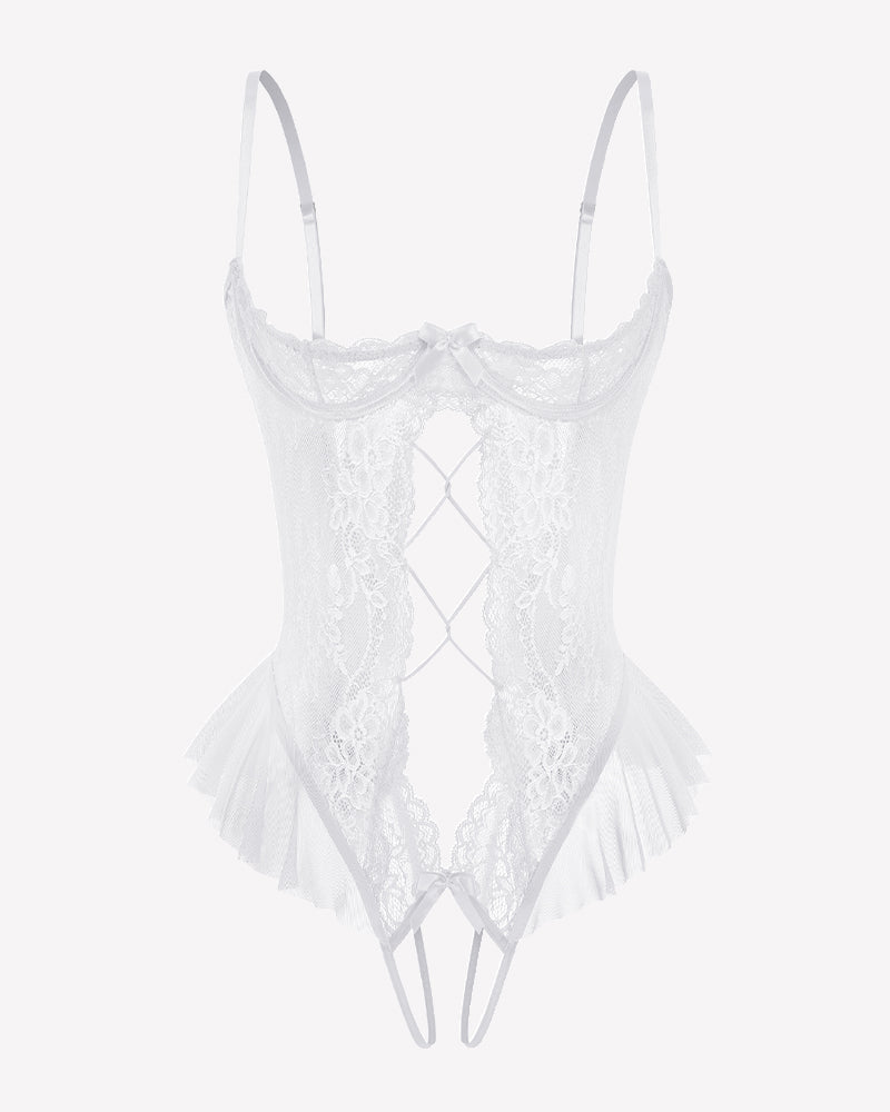 Lace Teddy Lingerie Cutout Ruffle Trim Bodysuit