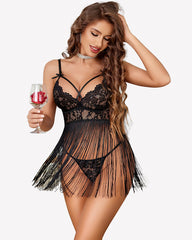 V-Neck Tassel Lace Babydoll Lingerie Dress
