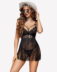 V-Neck Tassel Lace Babydoll Lingerie Dress
