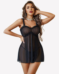 Floral Lace Babydoll Lingerie Dress with Thong