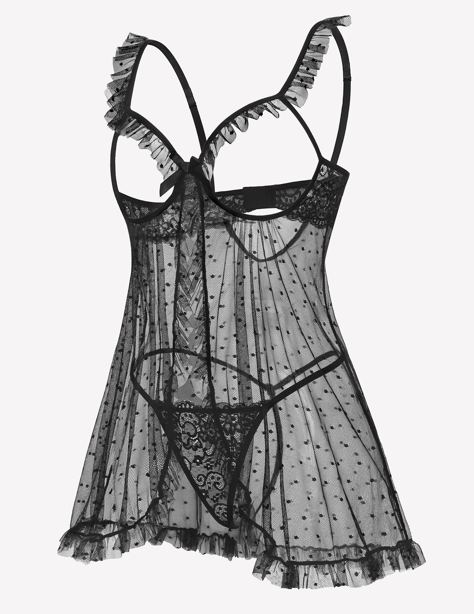 Polka Dots Open Front Ruffle Babydoll Cut Out Lingerie