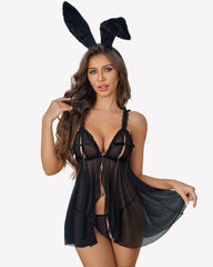 Sheer Mesh Babydoll Open Front Ruffle with Thong