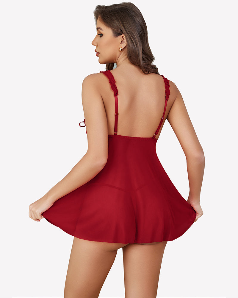 Sheer Mesh Babydoll Open Front Ruffle with Thong