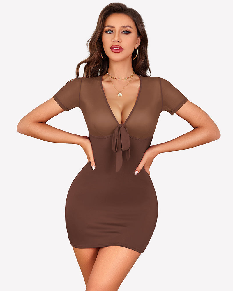 Sheer Mesh Bodycon Mini Dress Deep V Tie Front Club Party Dress