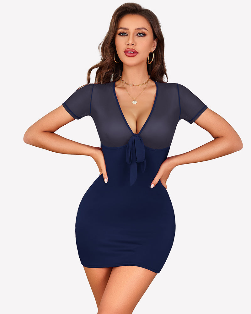 Sheer Mesh Bodycon Mini Dress Deep V Tie Front Club Party Dress