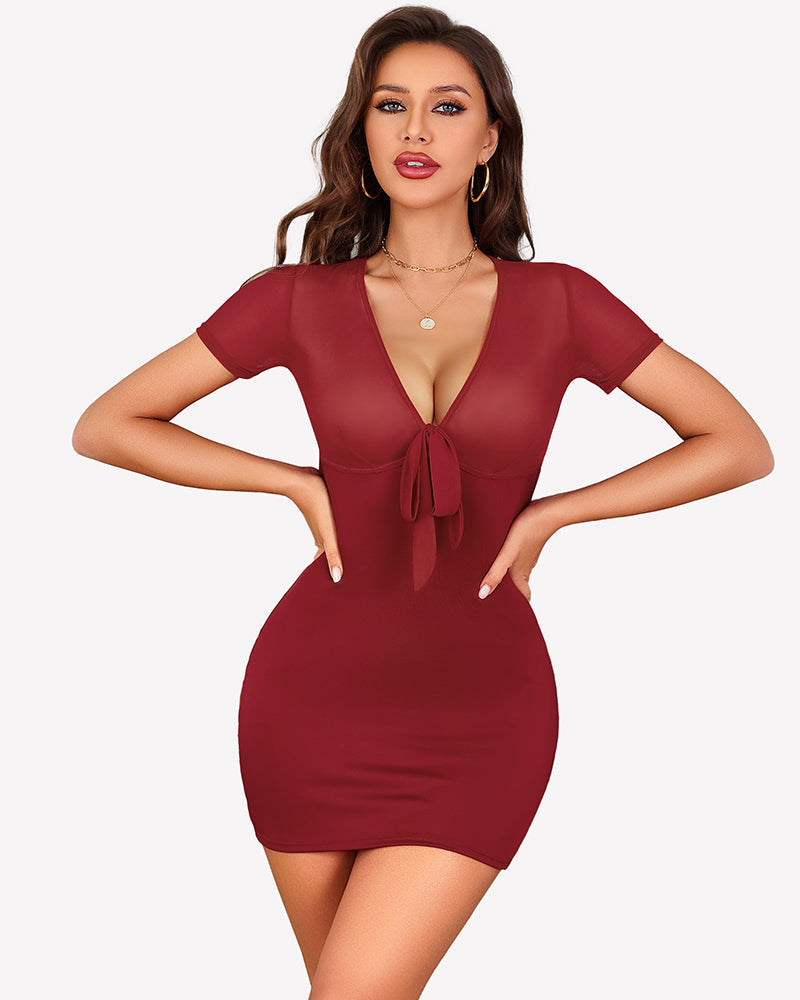 Sheer Mesh Bodycon Mini Dress Deep V Tie Front Club Party Dress