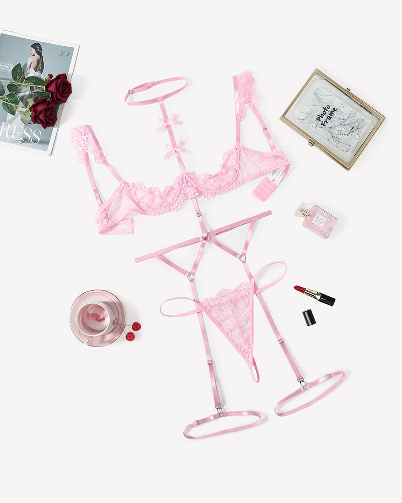 Lace Garter Belt Bra Choker 4-Piece Lingerie Set
