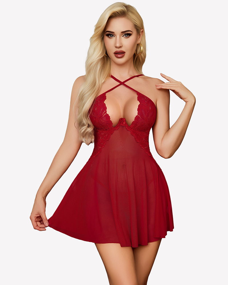 Lace Babydoll Dress Sheer Mesh Dress With Thong