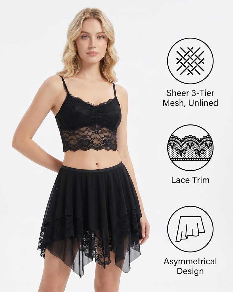 Tiered Mesh Mini Skirt Y2K Sheer Lace Layering Skirt