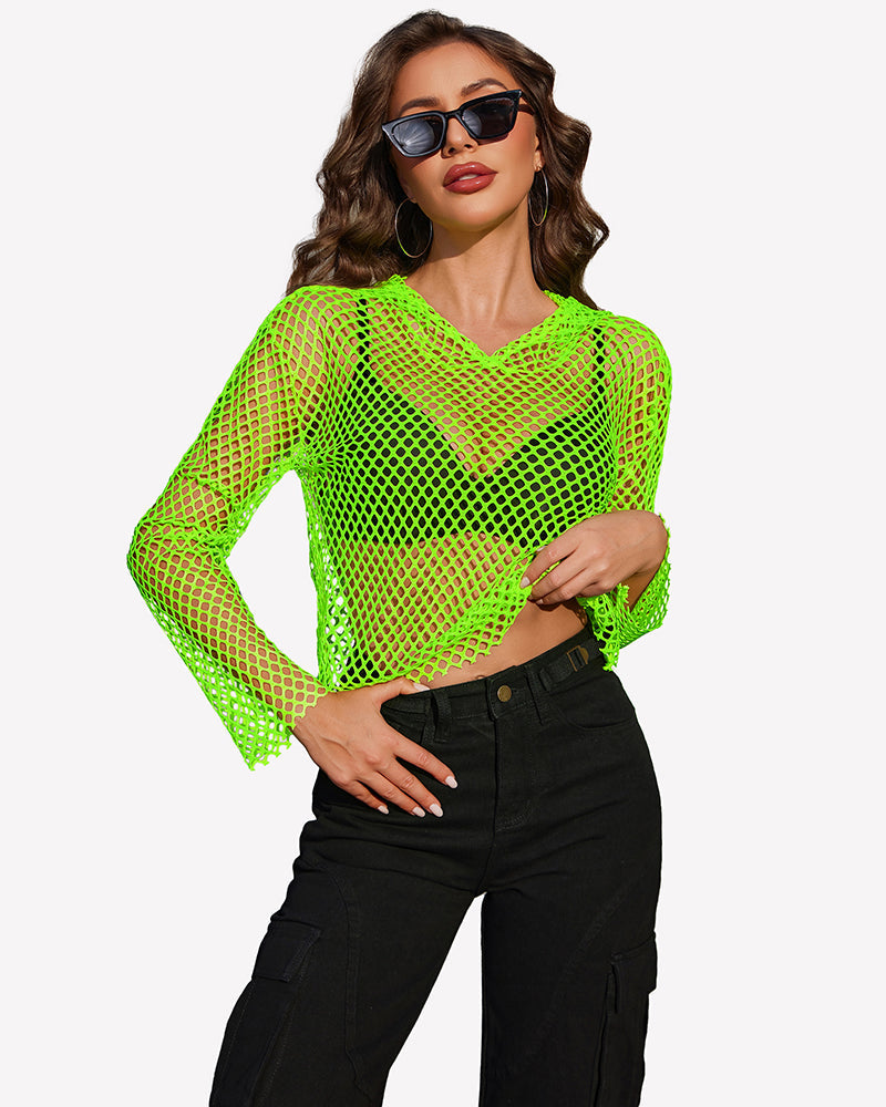 Fishnet Top Hoodie Long Sleeve Mesh Shirt