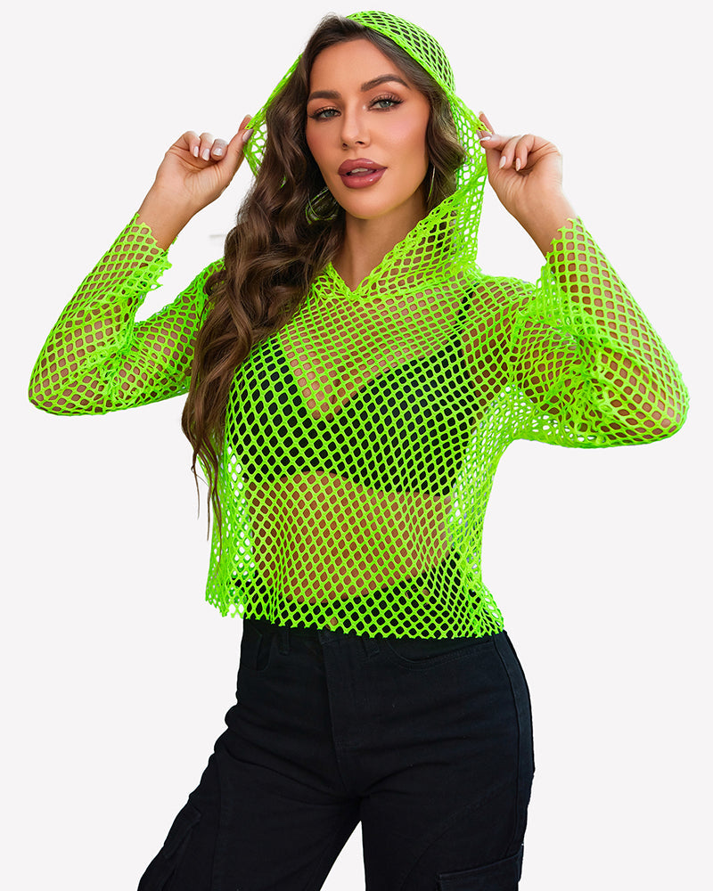 Fishnet Top Hoodie Long Sleeve Mesh Shirt