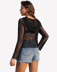 Fishnet Top Hoodie Long Sleeve Mesh Shirt