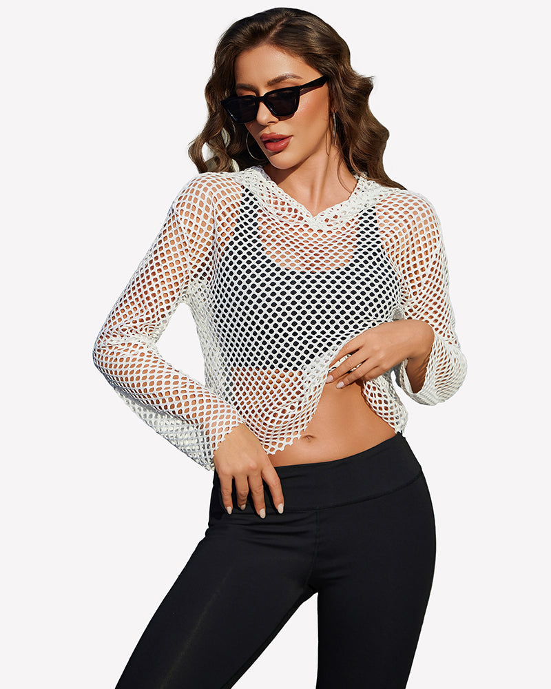 Fishnet Top Hoodie Long Sleeve Mesh Shirt