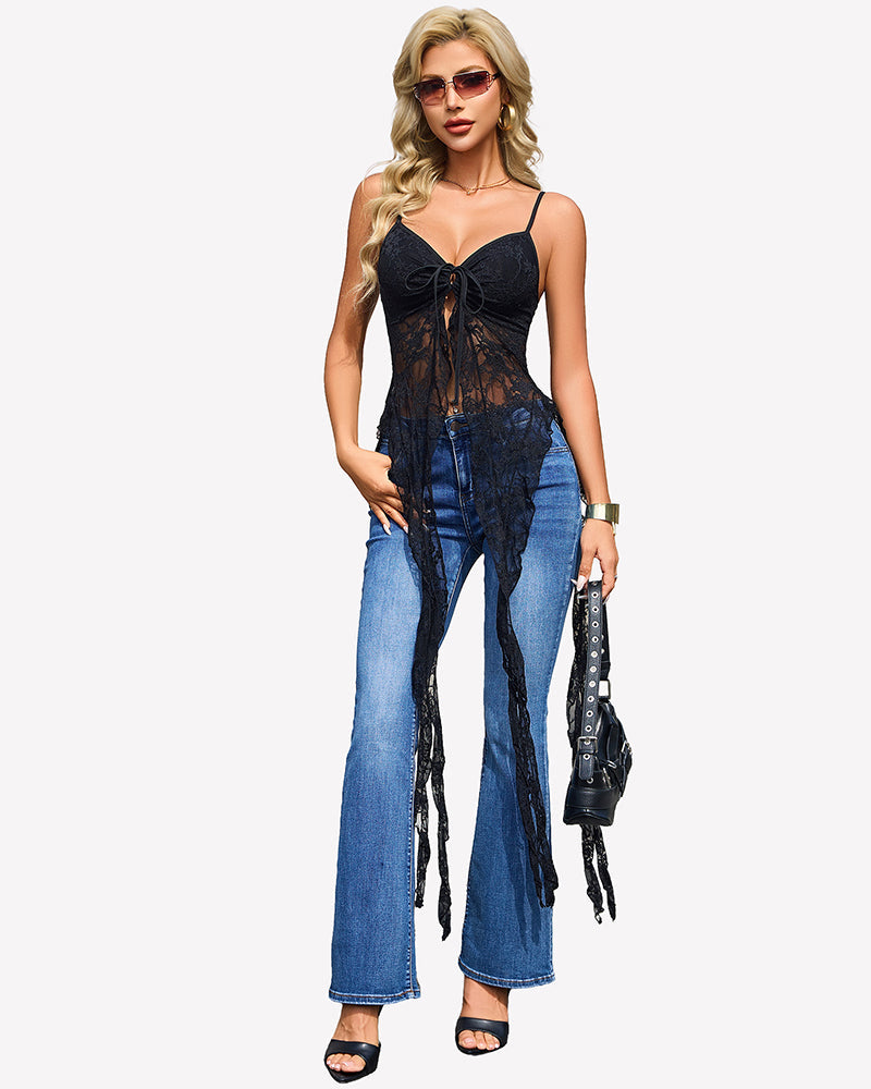 Lace Ruffle Camisole Top Open Front V Neck Going Out Top