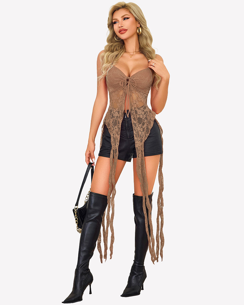 Lace Ruffle Camisole Top Open Front V Neck Going Out Top