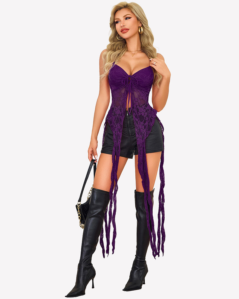 Lace Ruffle Camisole Top Open Front V Neck Going Out Top